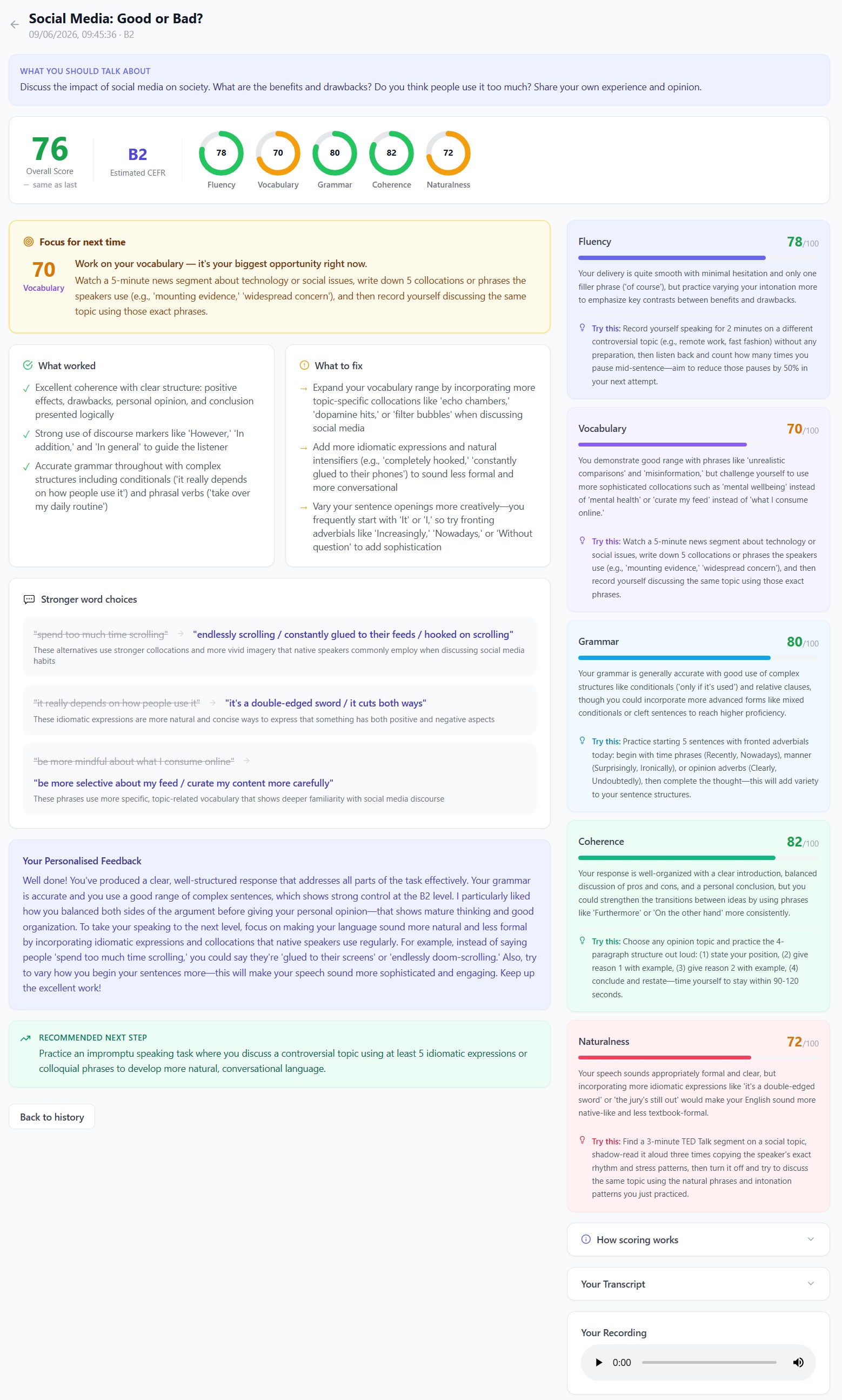 AI feedback result page showing scores, strengths, areas to improve, error examples and phrase suggestions