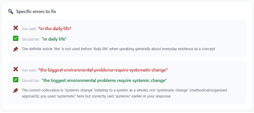 Specific errors to fix — shows a grammar mistake with correction and explanation