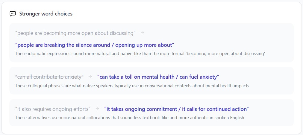 Stronger word choices — shows original phrases with native-speaker alternatives